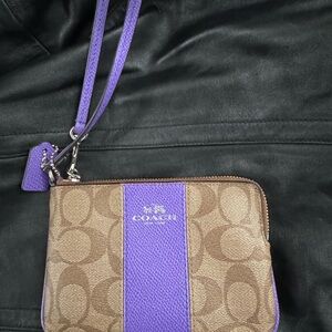 Coach Brown and Purple Clutch with Signature Pattern and Wrist Strap